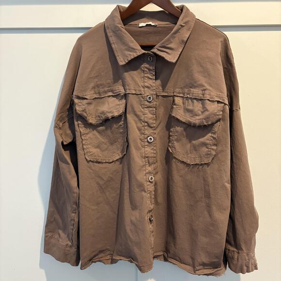 Rock & Roll Shirt Womens XL Brown Shacket Oversized Frayed Hem Made in Italy - Picture 3 of 11